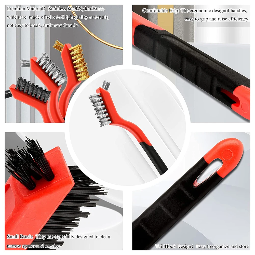 

6Pcs/set Wire Brush Brass/Stainless Steel/Nylon Wire Brushes For Aggressive/Abrasive/Gentle Cleaning 7 Inches Red And Black