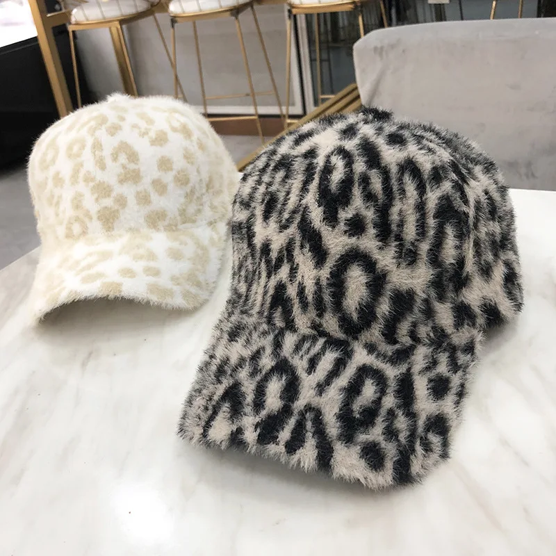 

Korean Autumn and Winter Tide Leopard Print Baseball Cap Men All-match Casual Warm Thickened Mink Plush Outdoor Women Gorras