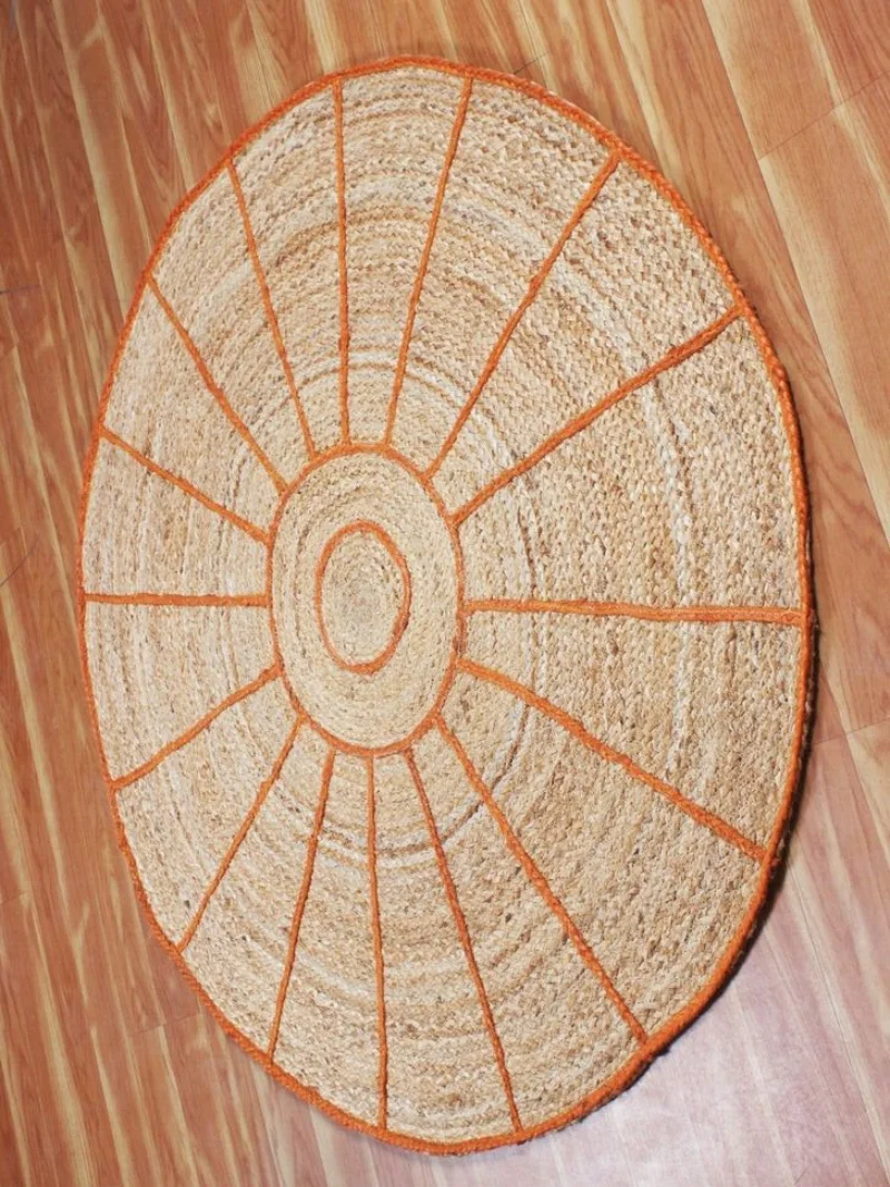 

Jute Rug Hand Braided Carpet Natural Round Living Room Rug Orange Geometric Mat Carpets for Bed Room