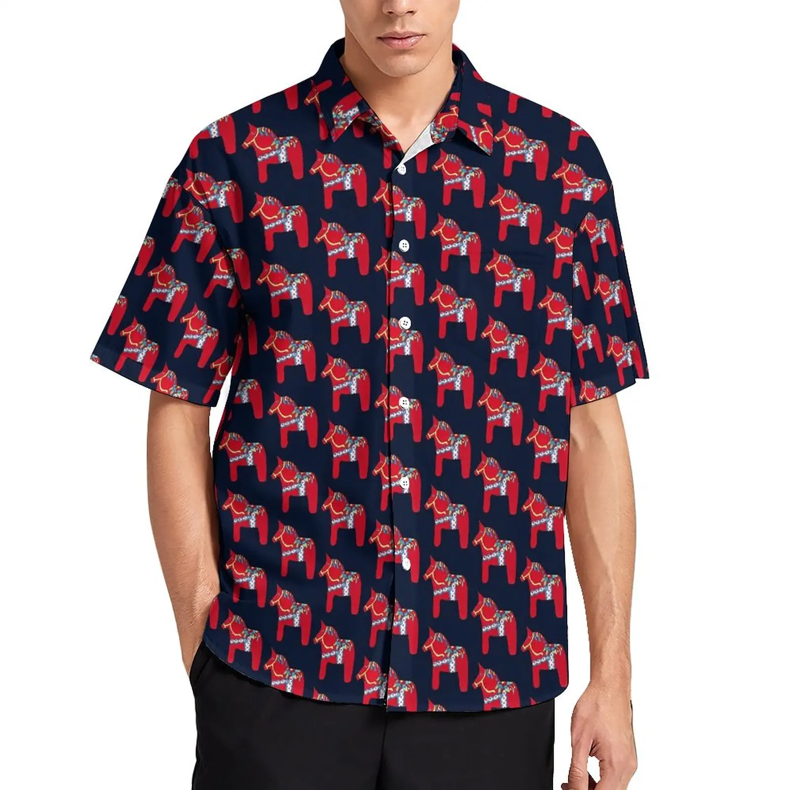 

Dala Horse Vacation Shirt Men Cute Animal Print Casual Shirts Hawaii Short Sleeve Design Funny Oversize Blouses Gift