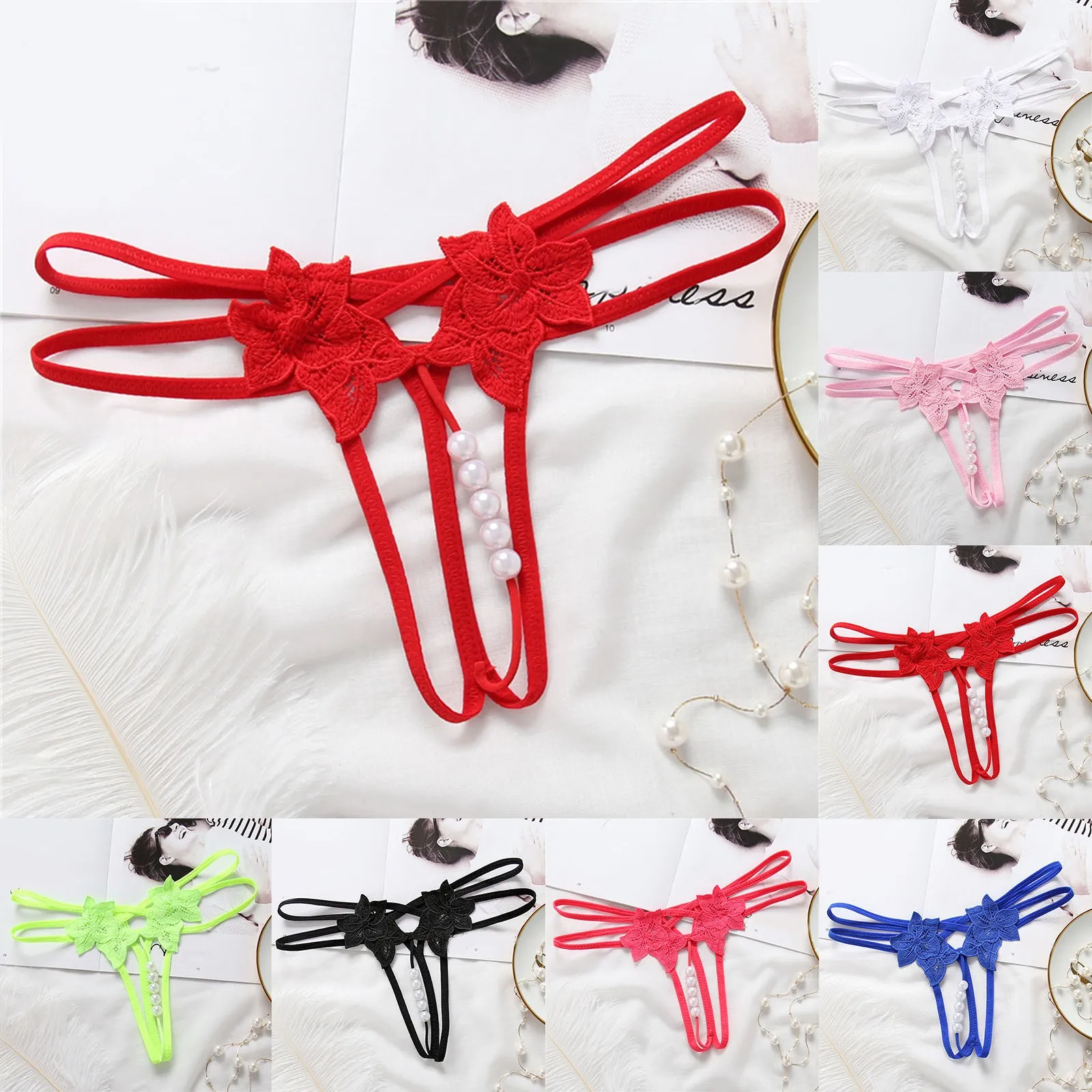 Женские эротические стринги с открытой промежностью и жемчугом соблазнительные