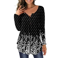 womens casual long sleeve loose t shirts floral button pleated tunic tops v neck female pullover tops summer spring clothes