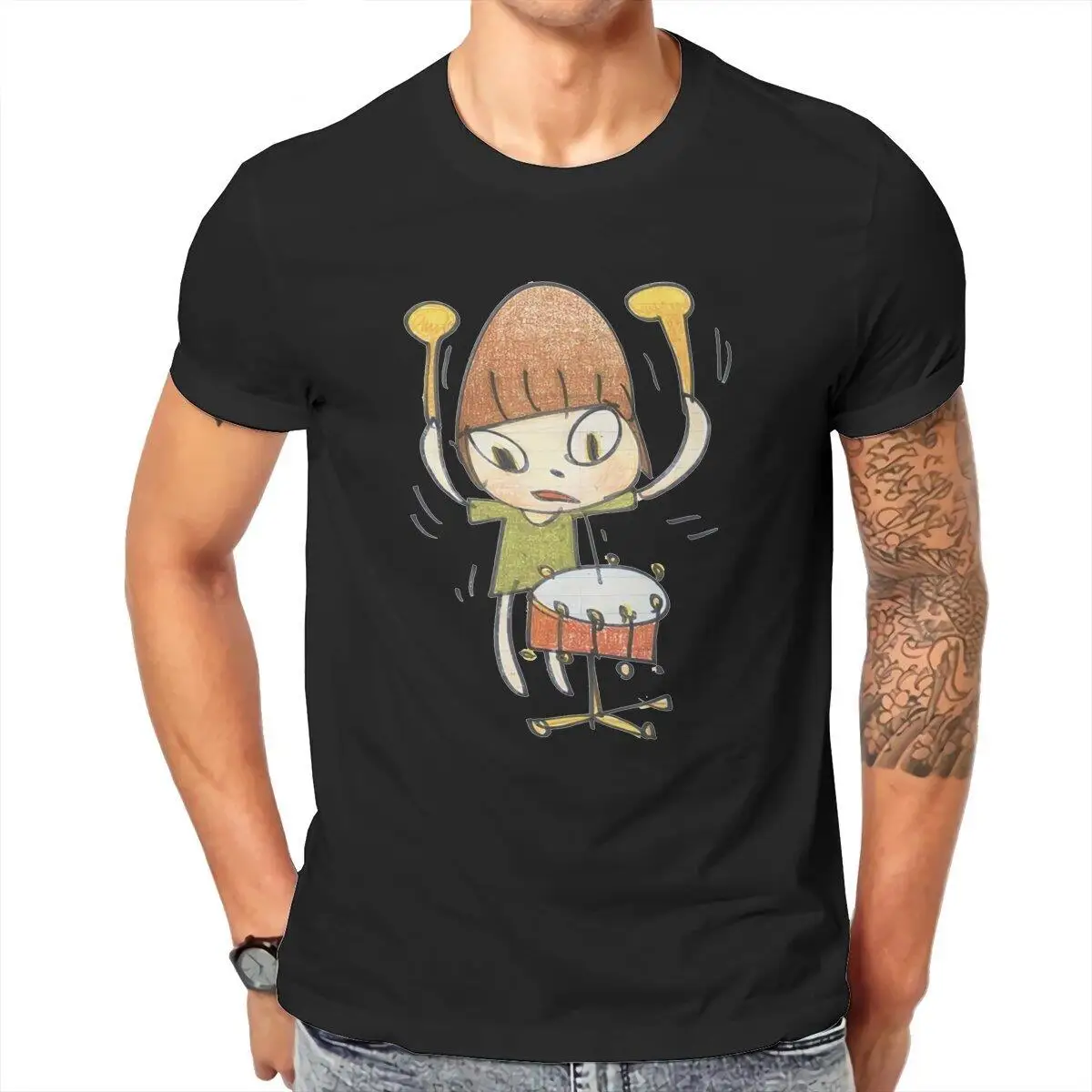 Vintage Yoshitomo Nara Drummer  T-Shirts for Men O Neck Pure Cotton T Shirt Kawaii Cartoon Short Sleeve Tees Original Clothes