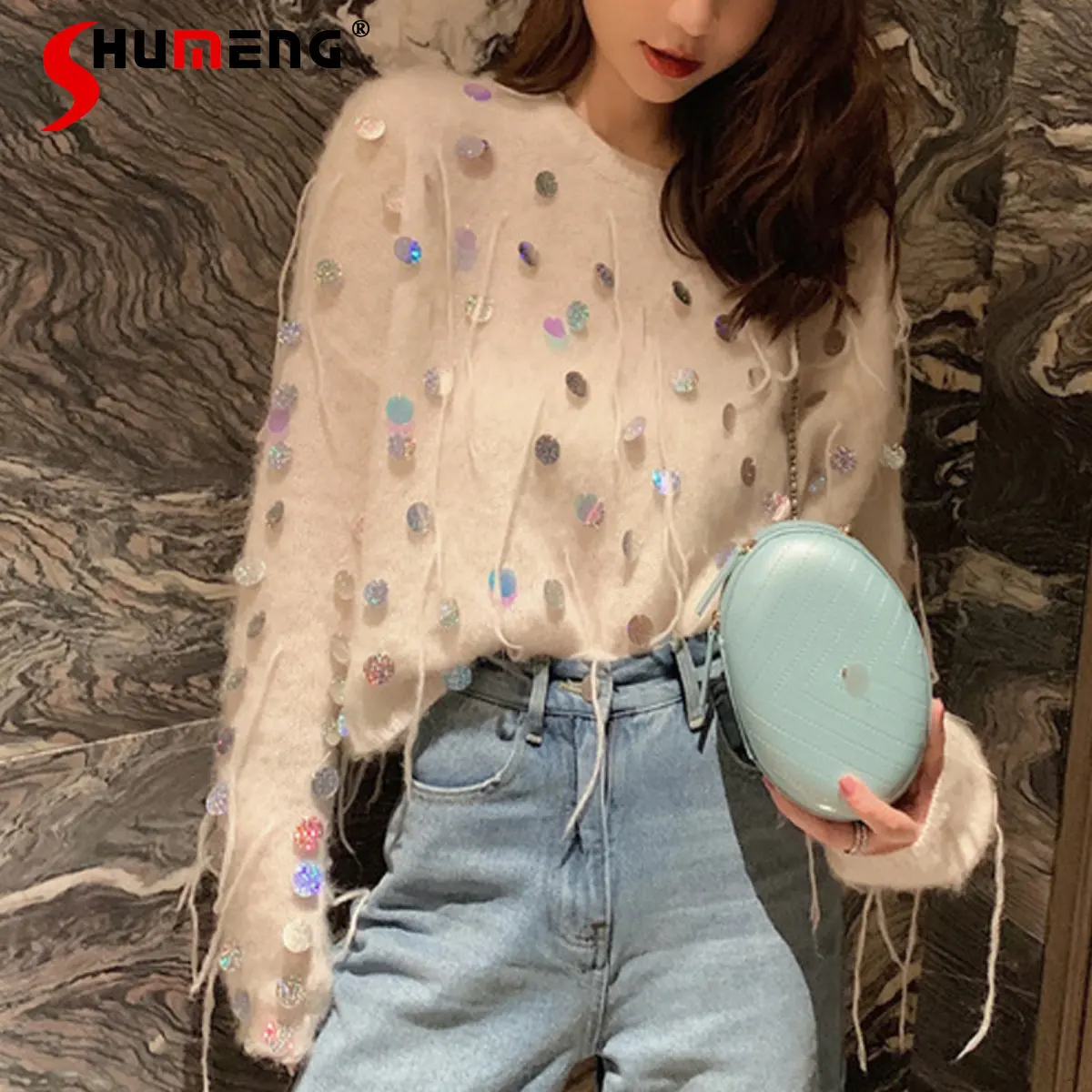 

Korean Style Handmade Sequined Tassel Sweater Pullover Women Idle Style Loose Sweater 2022 Autumn Winter New Short Knitted Top