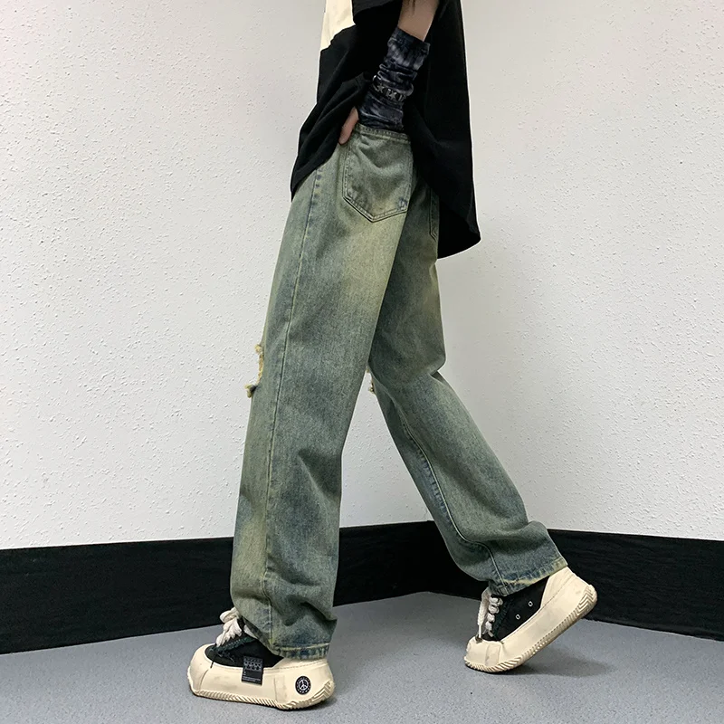 Summer Ripped Baggy Jeans Men Fashion Retro Hole Straight Jeans Men Japanese Streetwear Hip-hop Loose Denim Pants Mens Trousers