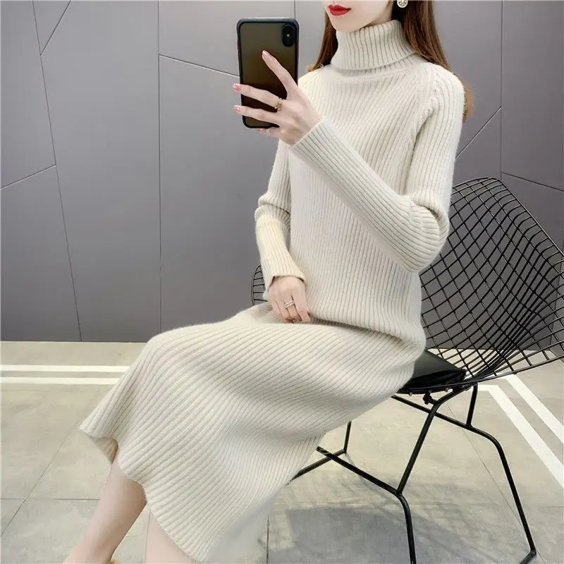 

Women Knitted Dresses Fall Winter Fashion New in Mid-length Turtleneck Sweater Pullover Long Dresses Lady Vestidos Clothing R19