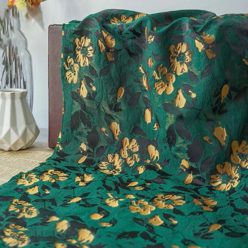 

Retro Green Gold Silk Yarn Dyed Jacquard Fabric Women's Soft Flower Dress Coat Making Decorative Fabric 50cmx155cm
