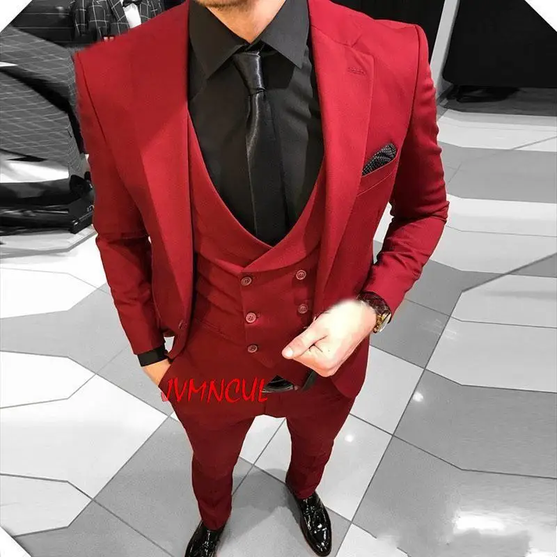 

2022 Men's Red Notched Lapel Wedding Suits Evening Party Prom Bridegroom Custom Made Slim Fit Casual 3 Pieces Best Man Terno