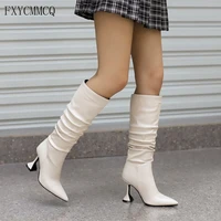 fxycmmcq 2021 new european and american wrinkles and knee boots pointed wine cup heel winter womens fashion boots 8532 3