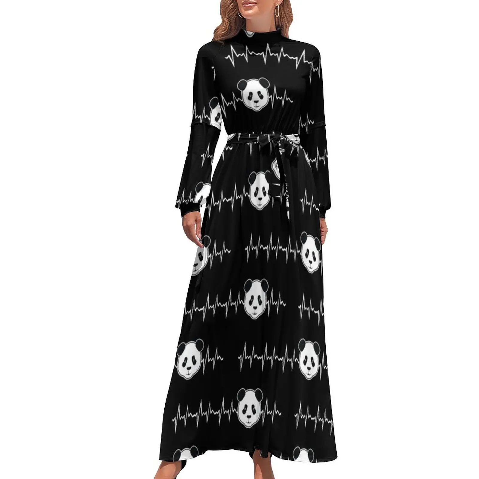 

Panda Lover Dress Long Sleeve Funny Animal Print Modern Maxi Dress High Neck Fashion Design Bohemia Long Dresses Birthday Gift