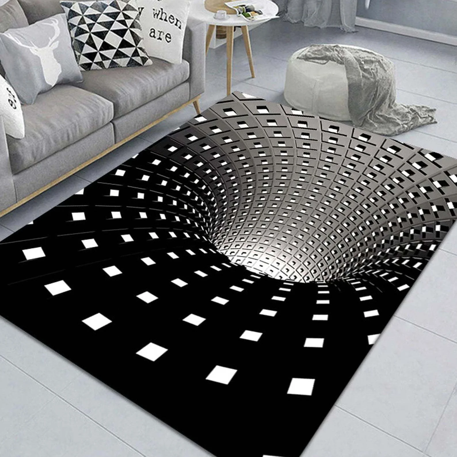 

Черно-белая 3d-ловушка с геометрическим рисунком иллюзии визуальная зона вихревой ковер для гостиной спальни напольный коврик стерео виден...