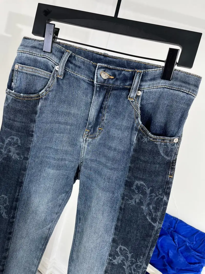 Europe Style Spring Summer Chic Men's High Quality Patchwork Print Jeans Denim Straight Pants C619