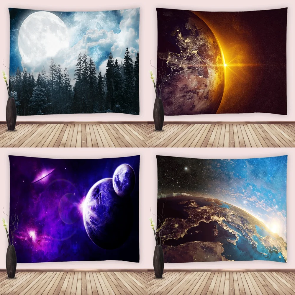 

Galaxy Earth Tapestry Trippy Planet Psychedelic Outer Space Starry Stars Moon Forest Tapestries Wall Hanging Home Bedroom Decor
