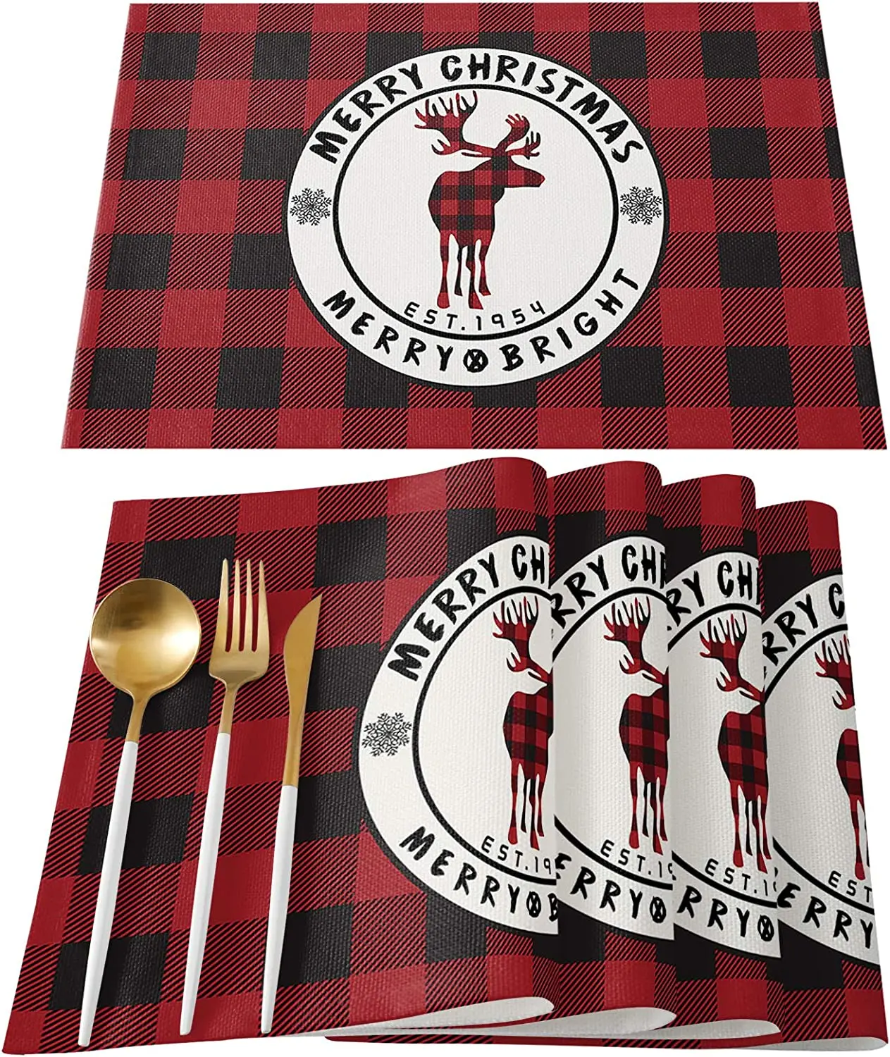 

Merry Christmas Placemats Set of 4 Place Mats Polyester Table Mats Heat Proof Tablemats for Dining Kitchen Table Reindeer Red