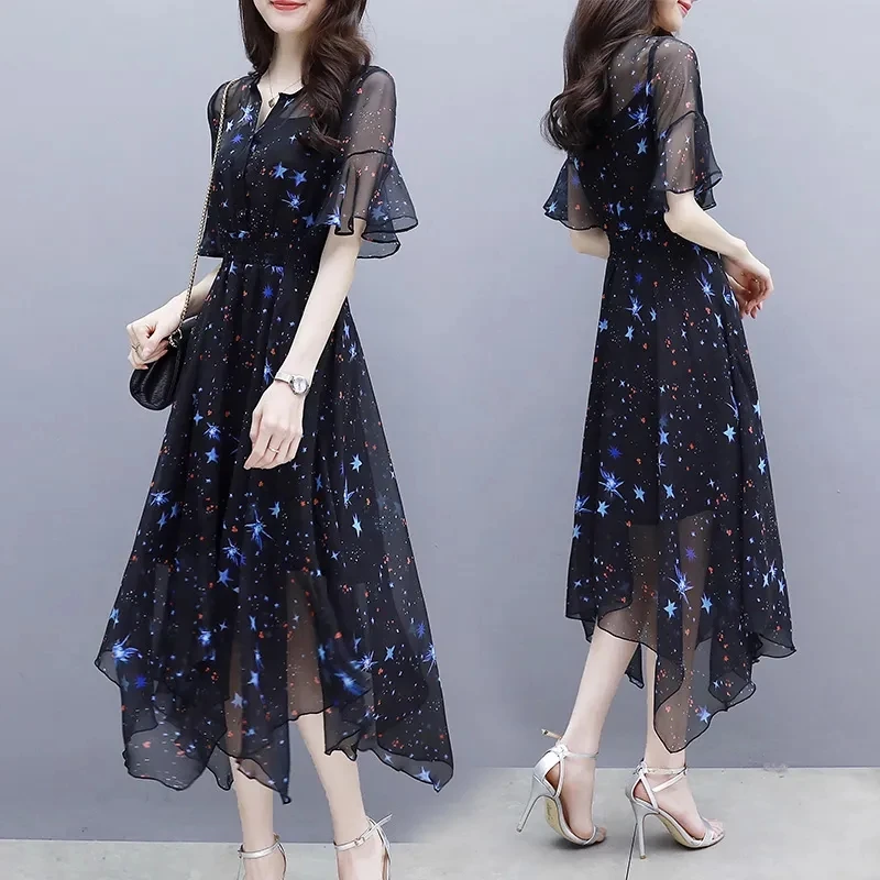 

Dress Women Elegant Formal Women's Floral Dress Summer Slim Chiffon Dress Waist Slim Skirt Beach Chic Dress