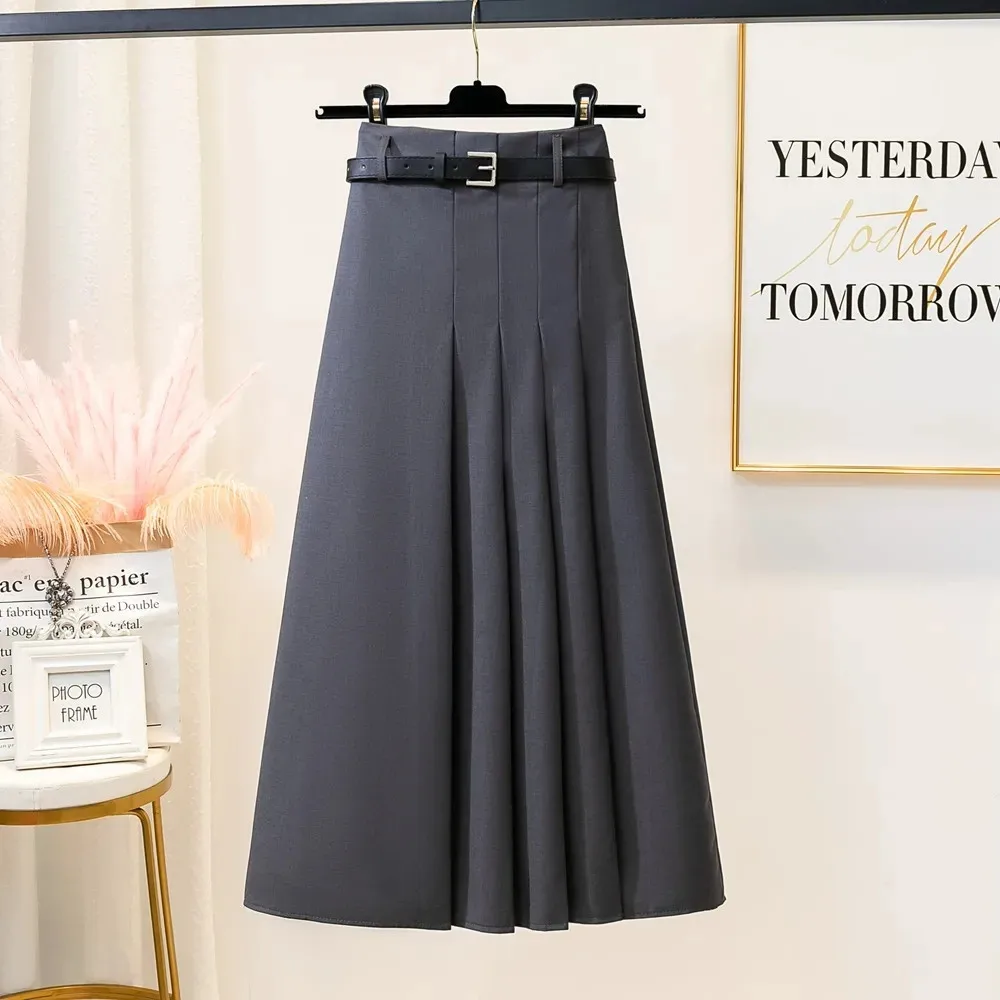 Женский плиссированный костюм черная длинная юбка с поясом Корейская серая