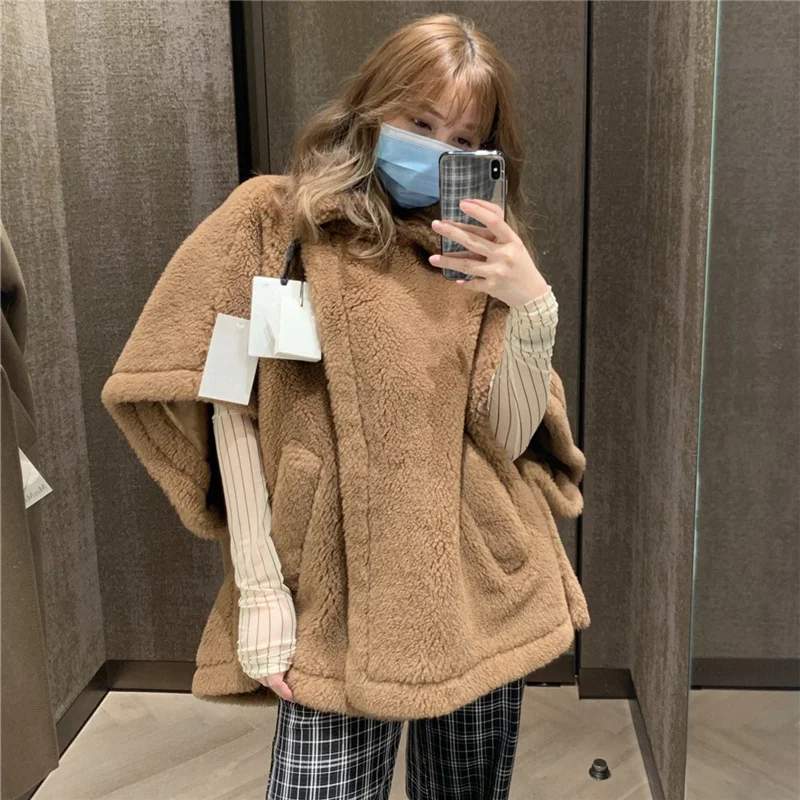 Real Fur Short Cloak Coat Lady 100% Wool Content Woven Fabric Thick Warm Teddy Overcoat Loose Cozy Outerwear Streetwear Oversize