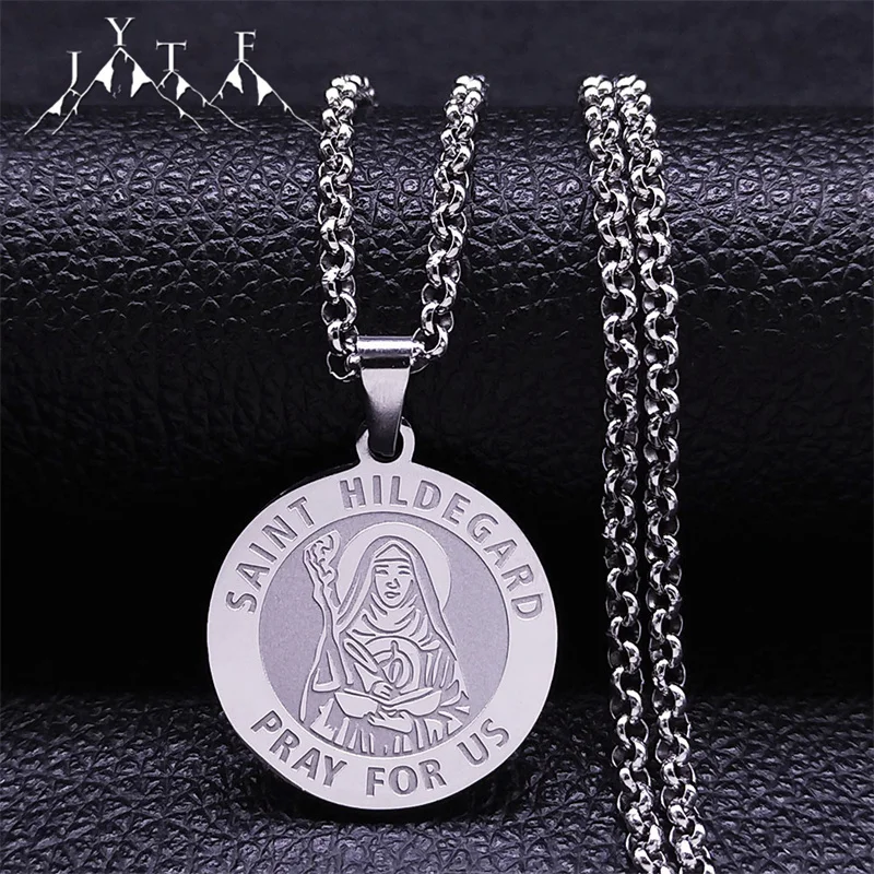 

SAINT HILDEGARD PRAY FOR US Archangel Women Necklace Stainless Steel Silver Color Hip Hop Necklaces Jewelry collar hombre N2325S