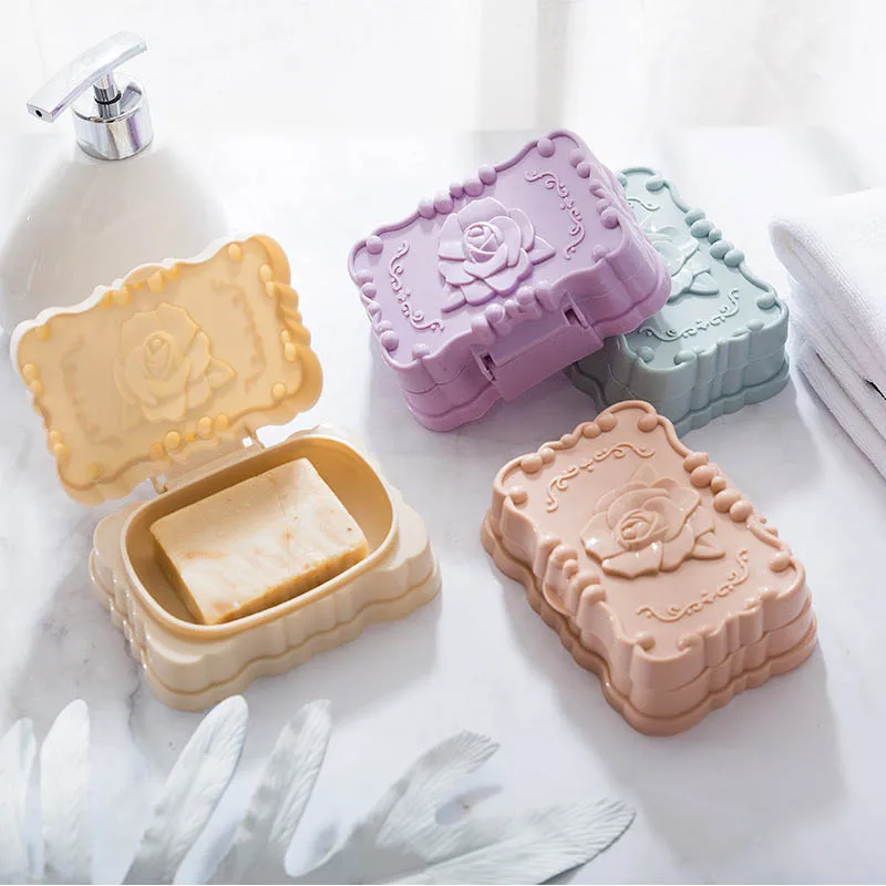 

Portable Creative Travel Rose Carved Double Soap Box with Lid Shower Case Holder Container Storage Box Dustproof Hygienic Home