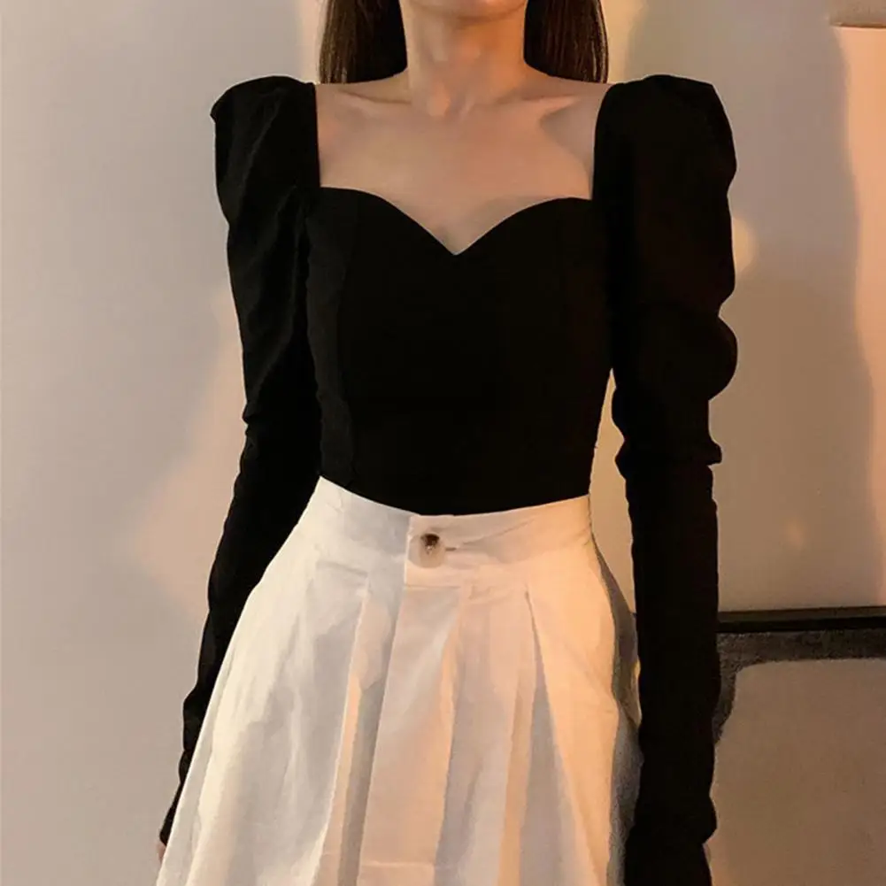 

Beautiful Female Autumn Casual Skinny Cropped Top Women Blouse Soft Texture Pleated