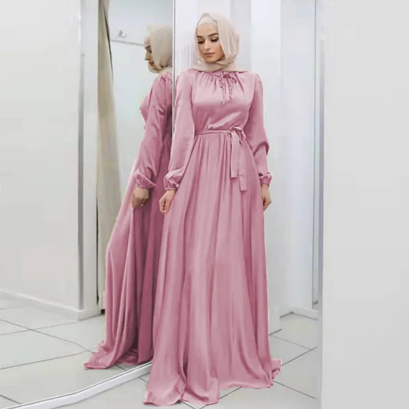Muslim Abayas For Women 2023 Satin Long Dress Ramadan Belted Dubai Turkey Arabic African Maxi Dresses Islam Clothing Robes Black