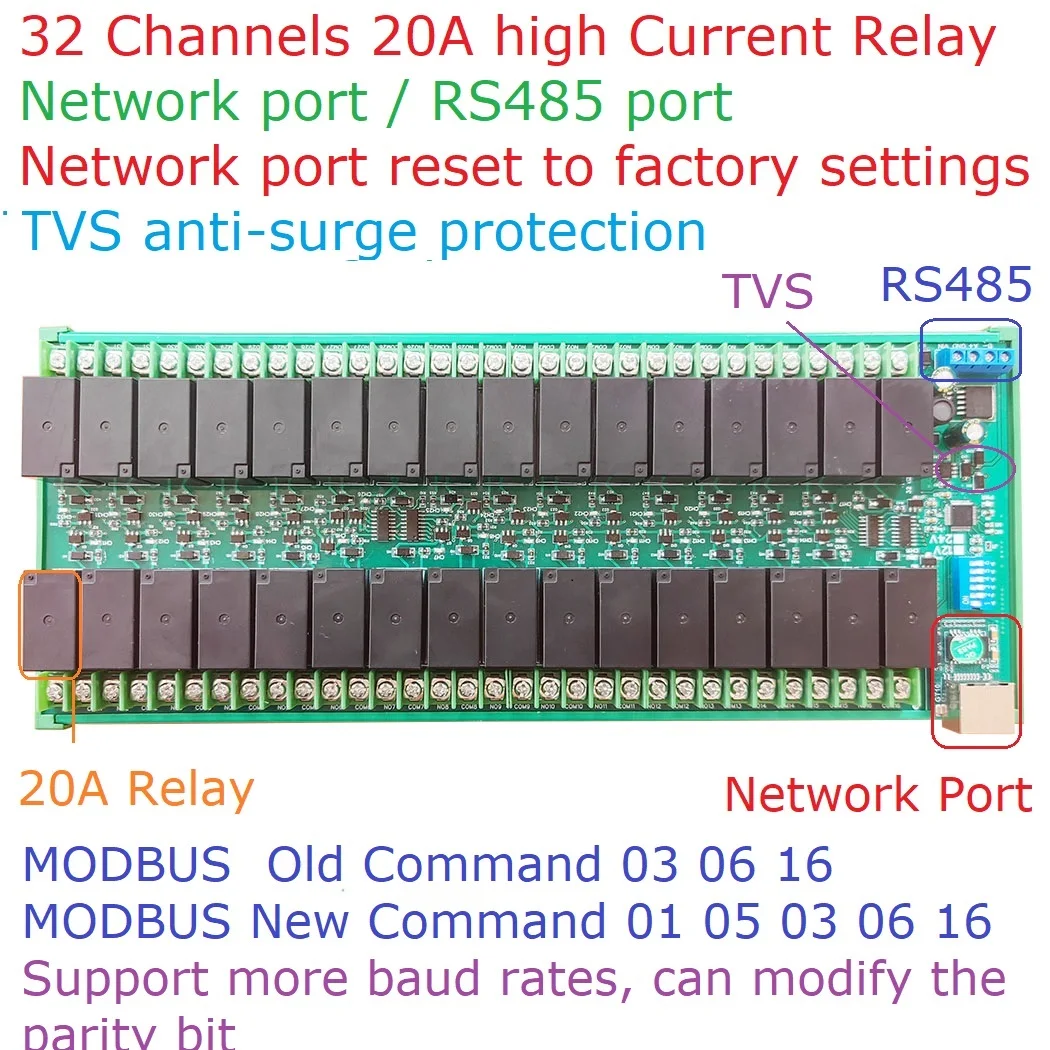 

32ch 20A High Current Ethernet Relay Network Switch Modbus RTU Slave TCP UDP RJ45 12V 24V PLC IO Module