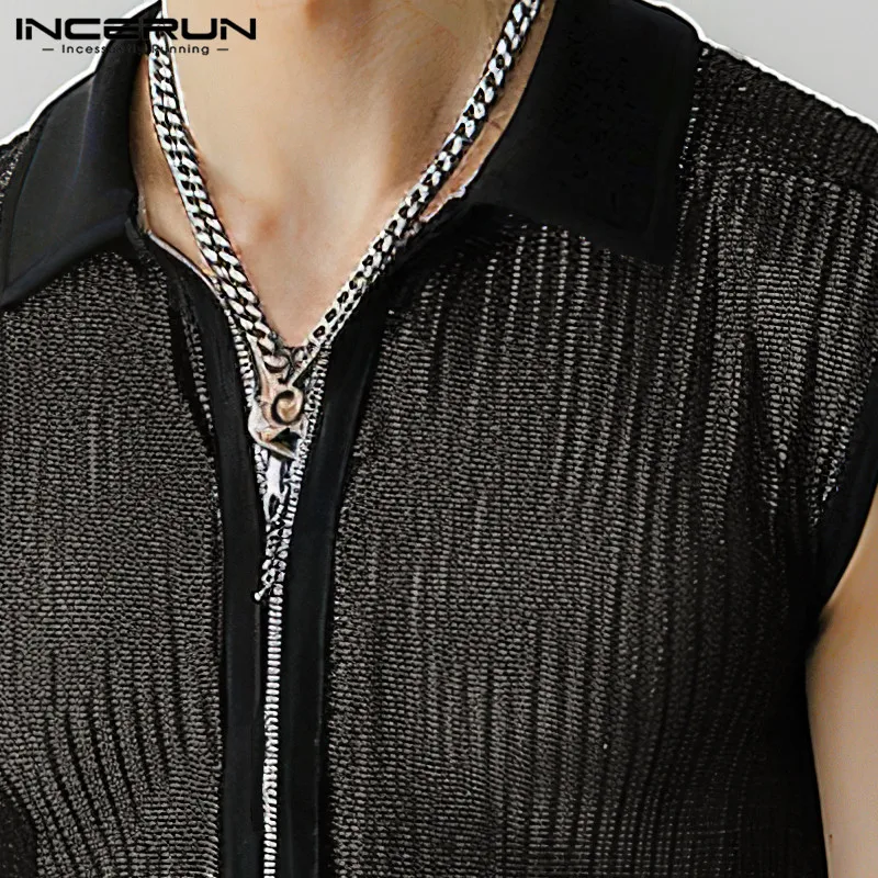Майка INCERUN Мужская сетчатая прозрачная безрукавка на молнии с отложным
