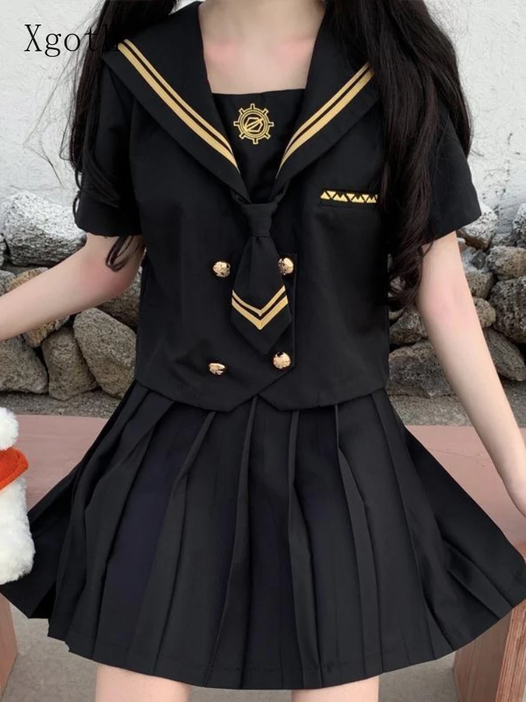 

[Two-piece Suit] Dark Jk Uniform Suits for Women College Style Student Sailor Collar Top + Solid Black Pleated Skirt Streetwear