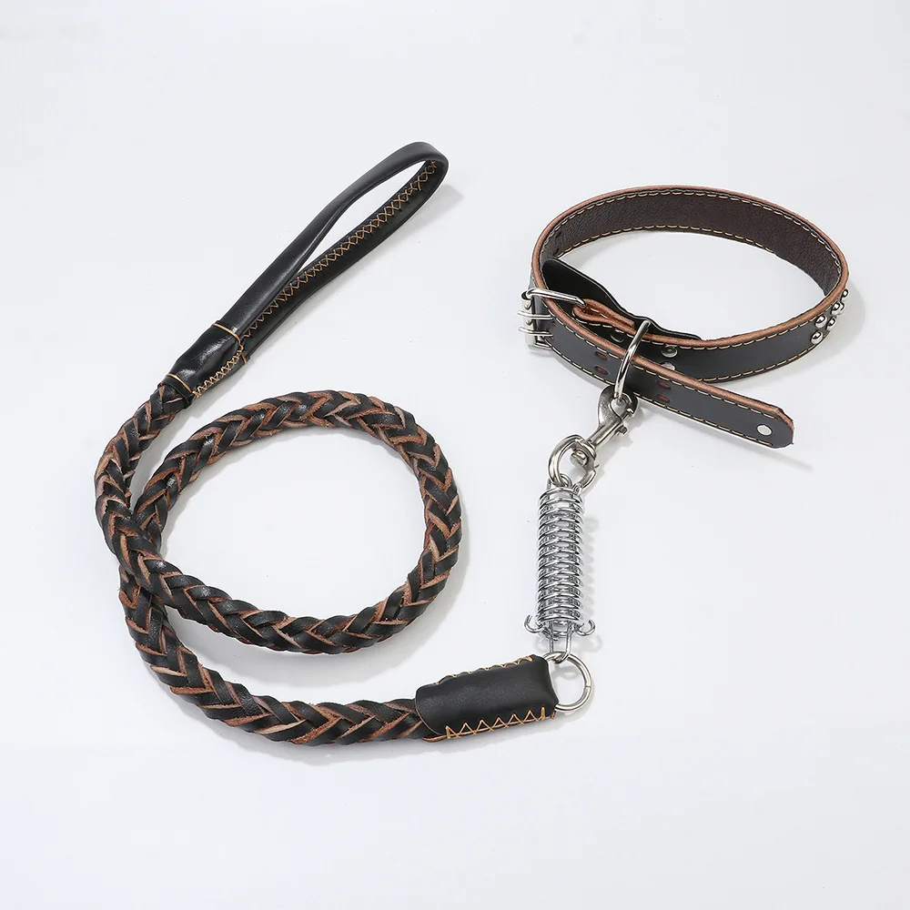 

Cowhide Leather Large Dog Leashes Rope Big Dog Weaving Hauling Rope Shock Resistant Spring Traction Belt for Walk Collar