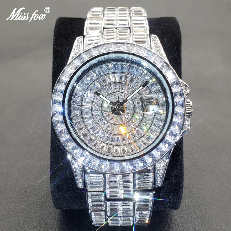 

MISSFOX Ice Out Watches For Men Luxury Handmade Mosaic Diamond Silver Steel Watch Fashion Hip Hop Automatic Date Male Clock 2022