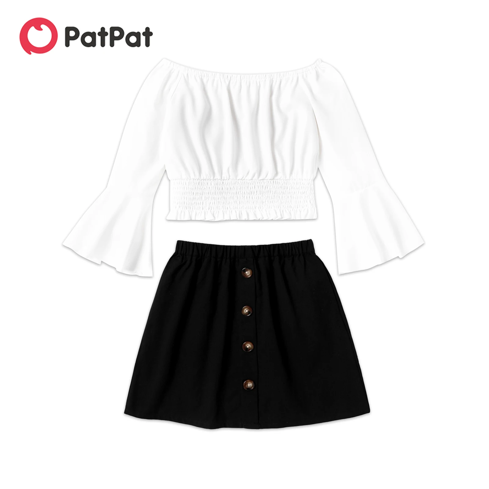 

PatPat 2pcs Kid Girl Off Shoulder Smocked Bell sleeves Tee and Button Design Skirt Set