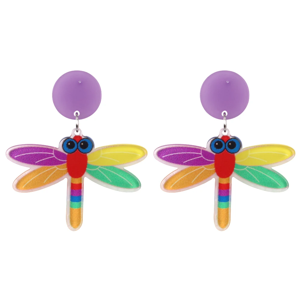

Fashion Rainbow Color Dragonfly Print Acrylic Drop Earrings for Women Girl Insert Long Dangle Earrings Jewelry Summer Party Gift