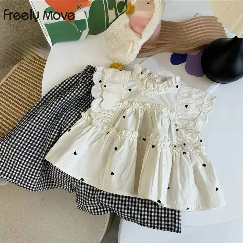 

Детский комплект для девочек на весну и лето, блузка без рукавов с принтом для младенцев и оборками + клетчатые брюки, костюмы, детская одежд...