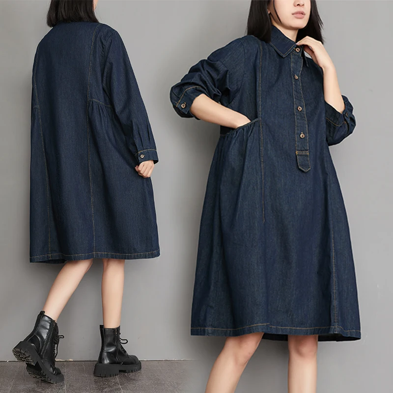

Autumn Winter New Womens Vintage Denim Dress Casual Long Sleeve Blouse Shirts Dress Female Street Fashion Knee Length Dresses