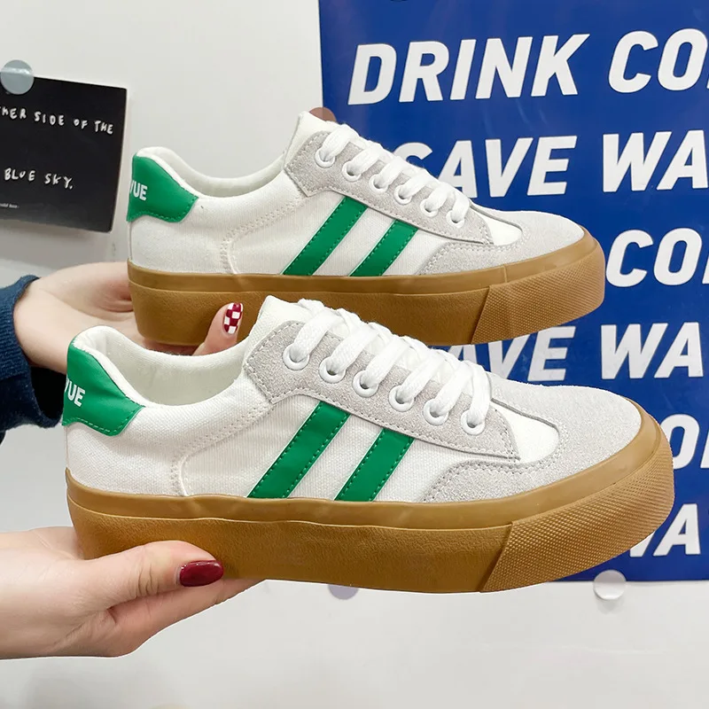 

Women Chic Canvas Shoe Grass Green 2022s High-rise Classic Korean Street Canvas Shoe Basic Style Sneakers Lacing Skateboard Shoe