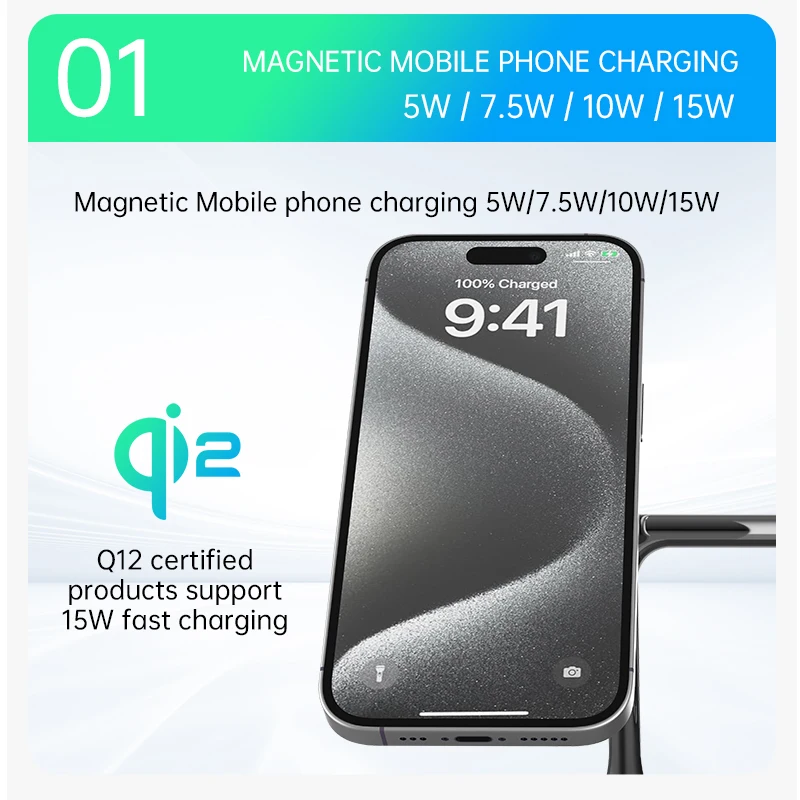 Фото QI2 5в1 Беспроводная зарядная станция для iPhone Зарядное устройство Беспроводное зарядное устройство для iPhone17 ~ 12 серии Air Pods i Watch для Galaxy Watch №2