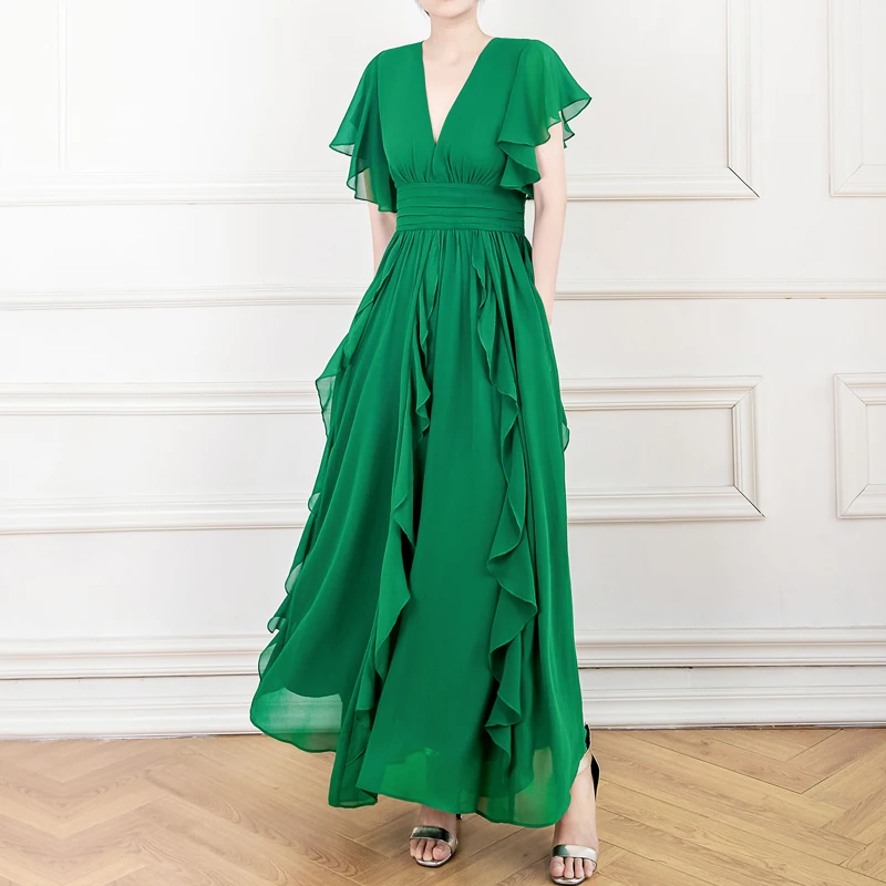 Vintage Green Chiffon Long Dresses for Women 2023 Summer Elegant Ruffles V-neck Pleated Maxi Dress Vestidos De Mujer Casual