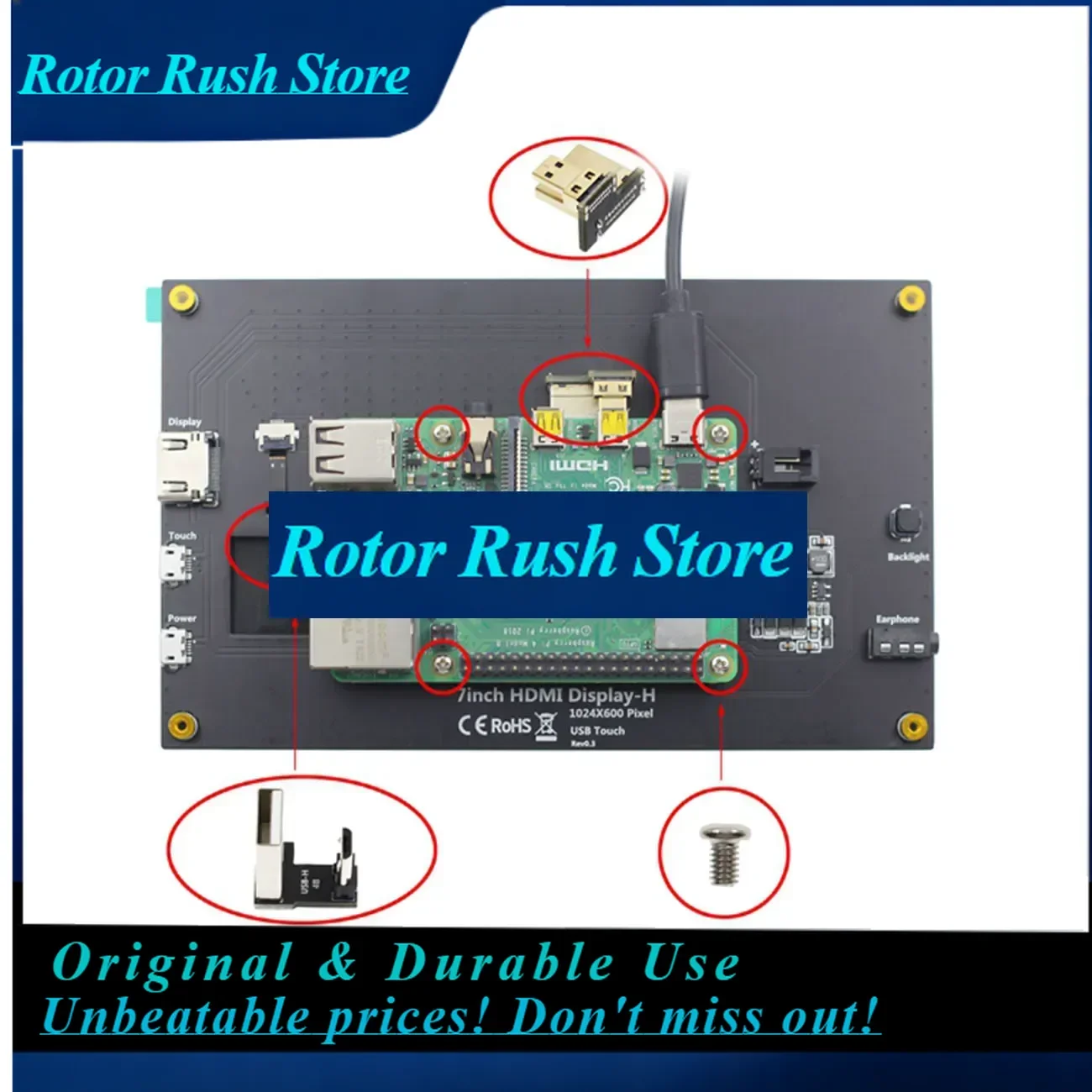 Фото Сенсорный IPS-экран RoRuSLCD 7 дюймов с полным углом обзора для Raspberry Pi, HD HDMI-дисплей, емкостный монитор с 5-точечным сенсорным управлением №1