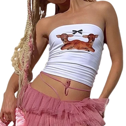 Женский укороченный Топ без бретелек, облегающий топ с рисунком оленя, уличная одежда без рукавов с открытыми плечами, Y2K, лето