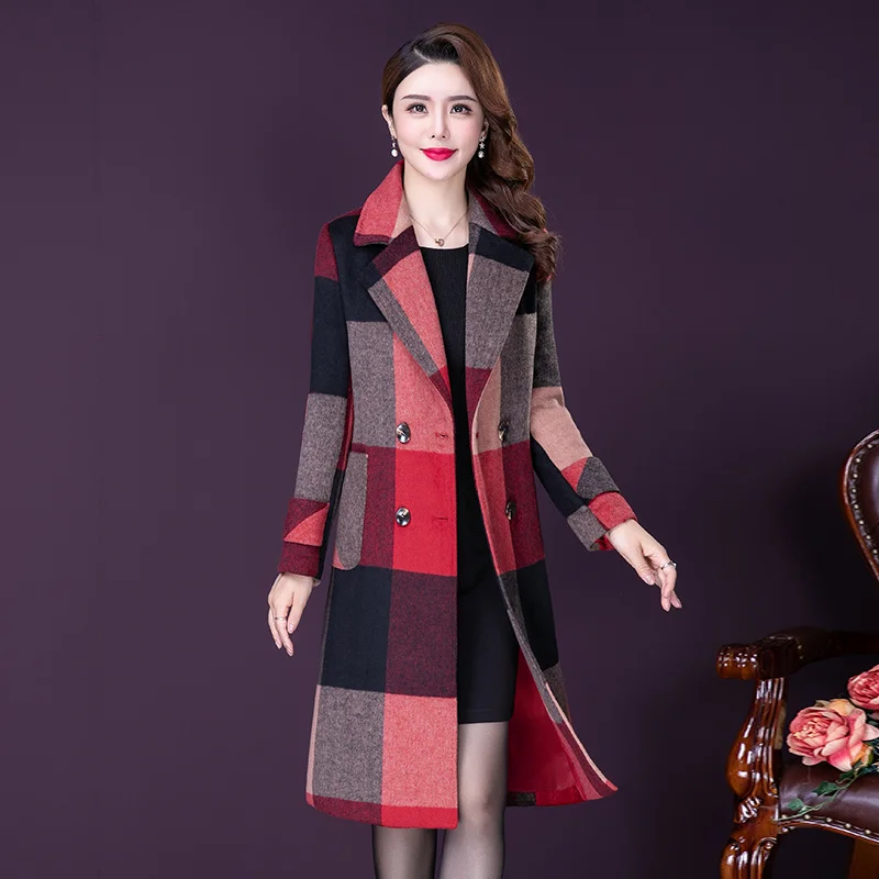 

Woolen L-5XL Coat Women Autumn Winter New Fashion Plaid Wool Blends Jacket Thick Warm Outerwear Long Overcoat Female Yellow Red