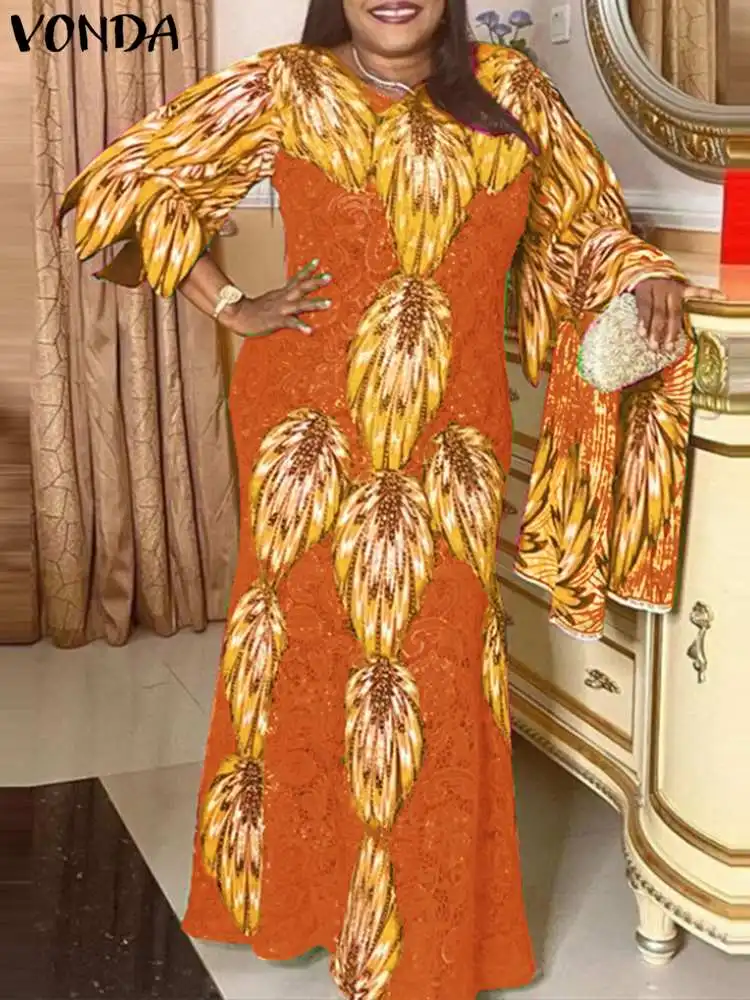 

2023 VONDA, богемное летнее платье макси для женщин, длинный сарафан с принтом, с расклешенным рукавом, повседневный свободный сексуальный V-образный вырез, платье