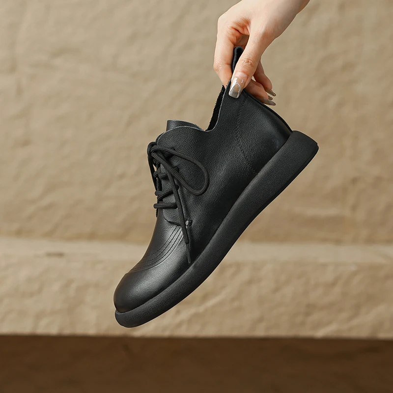 

2023 new Autumn winter Women ankle boots natural leather 22-24.5cm cowhide+pigskin modern boots sewing lace up short boots