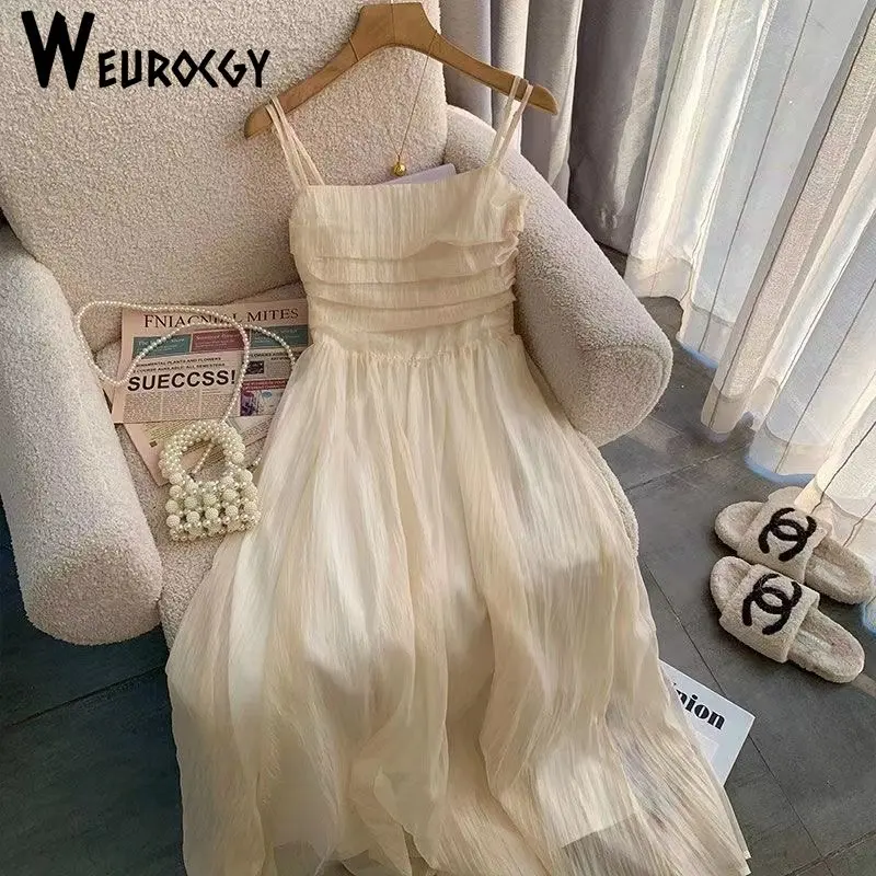 

Women Straps Dress 2023 Summer And Spring Elegant Sleeveless Fashion Evening Party French Style Folds Vintage Female Clothing