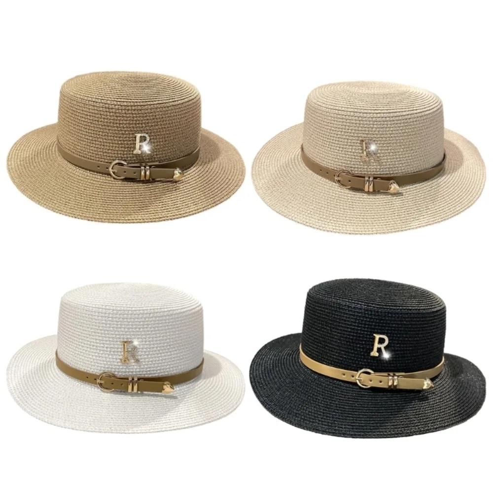 Leisure Metal R Bucket Hat Cap Fishman Hats Sunscreen Hats Beach Hat Letter Buckle Straw Hat Vintage Hat Church Hats
