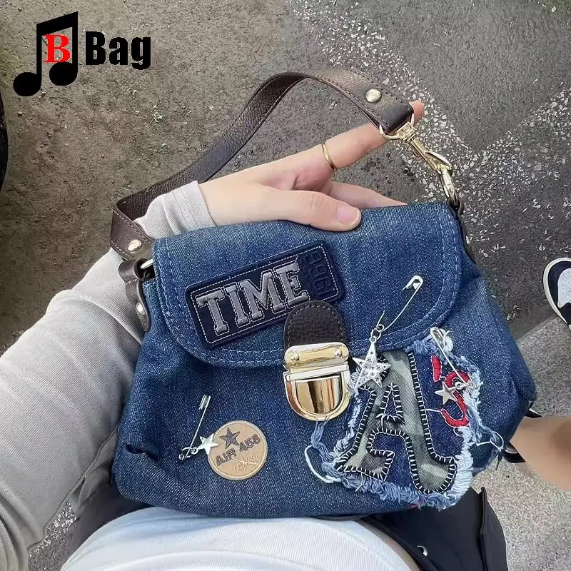 

Винтажная дамская сумочка Y2k в стиле Харадзюку, Лолита, панк, сращенная Повседневная сумка через плечо из джинсовой ткани, модная универсальная сумка на одно плечо со звездами