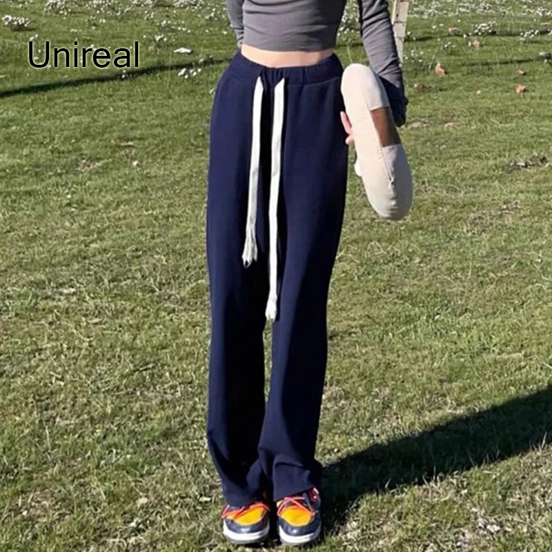 

Женские прямые брюки с завышенной талией Unireal, однотонные черные и синие повседневные штаны на шнуровке вельветовые штаны на зиму 2022