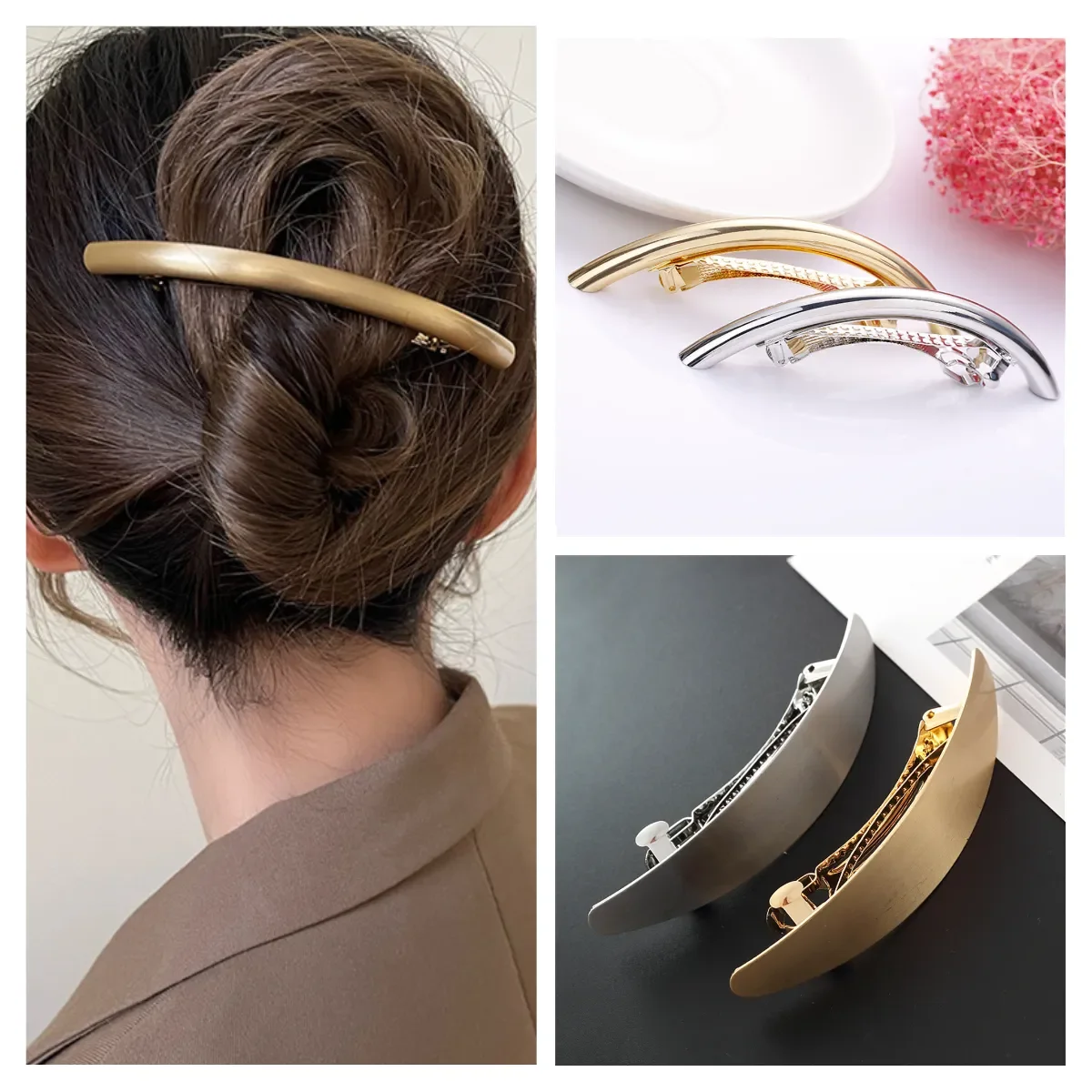 

Fashion Metal Smooth Oval Hair Clip Gold Silver Arc Tube Big Hairpins Women Girls Makeup High Ponytail Hairgrip Headdress