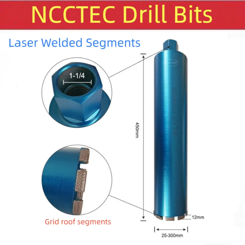 12mm Grid Roof Segments 25-230x450mm 1-1/4-7'' UNC Laser Welded crown diamond core drill bits 1''- 9''x18'' reinforced concrete