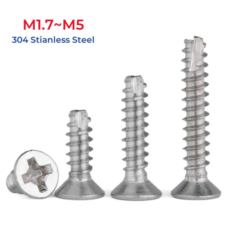 

M1.7 ~ M5 304, нержавеющая сталь, крестообразные саморезы с потайной головкой и режущим хвостом, плоский винт с крестообразным шлицем