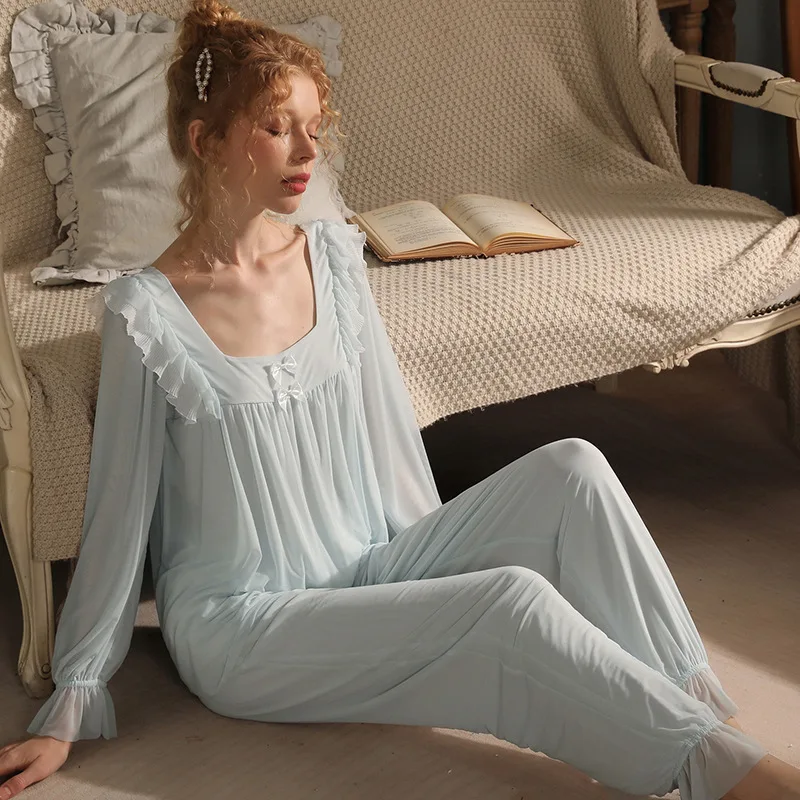 Women's Retro Elegant Square Collar Stringy Selvedge Light Thin Mesh Modal Pajama Sets Comfort Sleepwear Pajamas